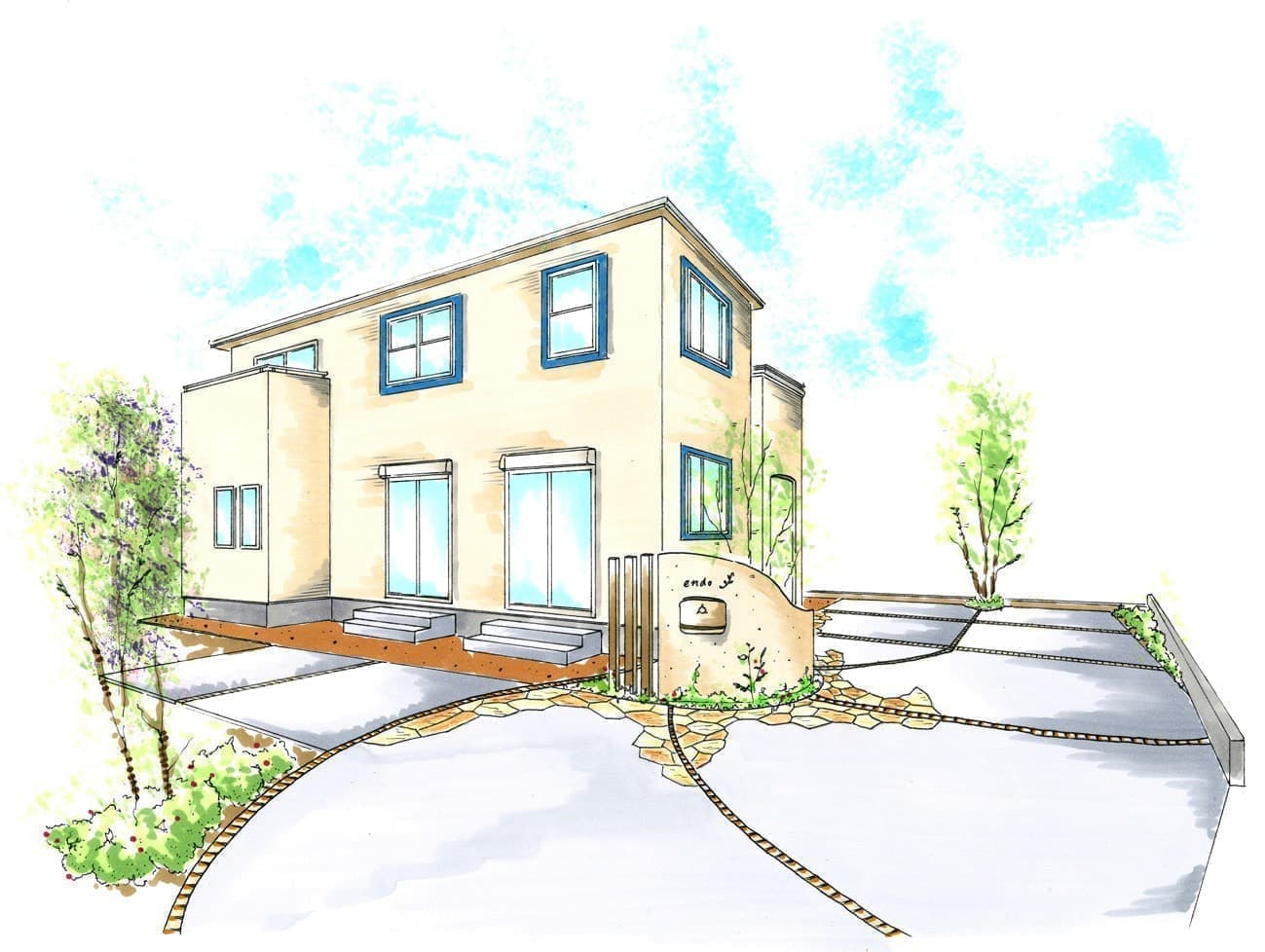 柔らかな導線の外構パース