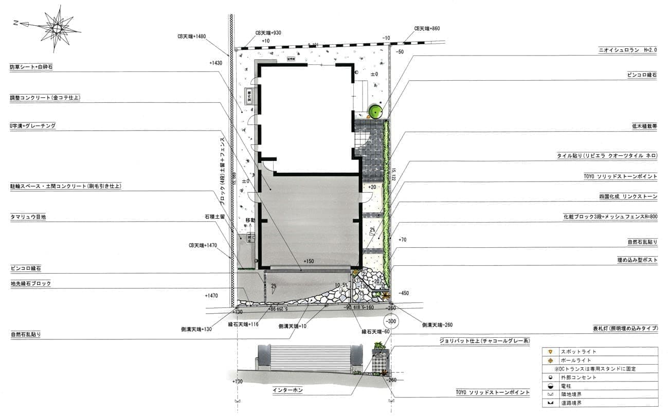 モダンな住宅用外構の平面図と立面図