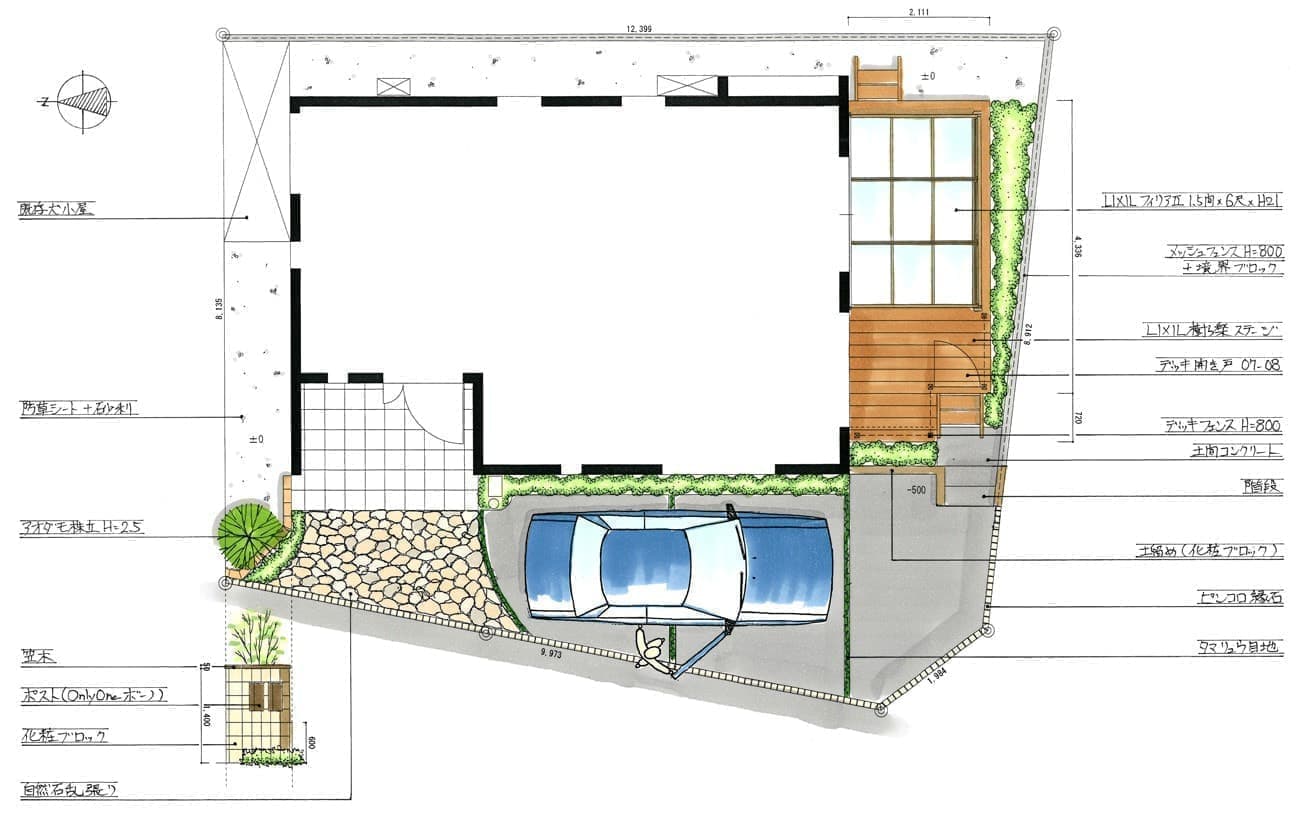 二世帯住宅のウッドデッキとガーデンルームの平面図